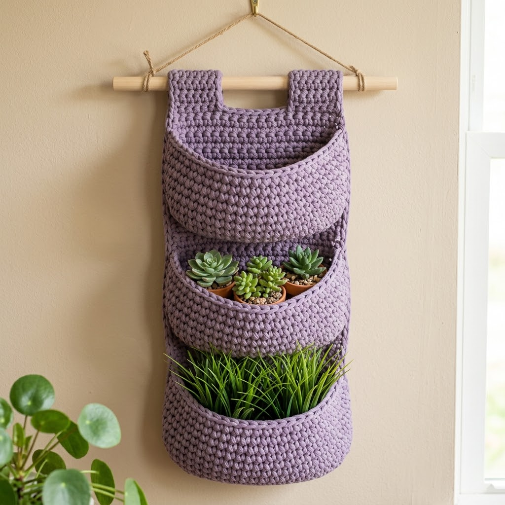 Lavender Three-Tier Hanging Wall Basket Free Crochet Pattern