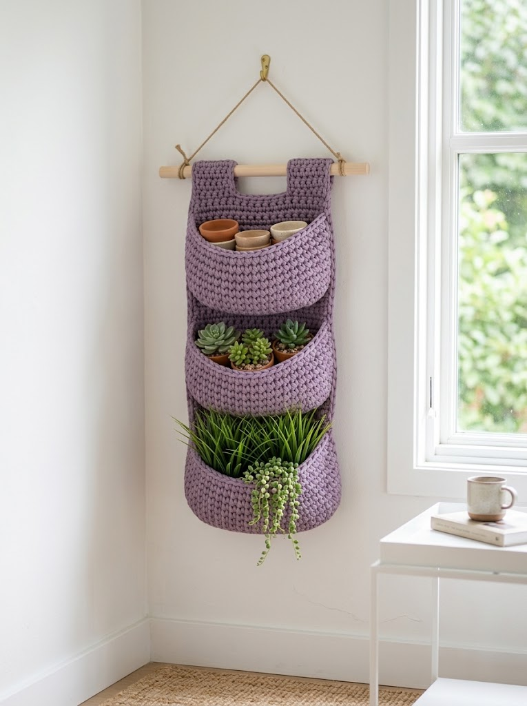 Lavender Three-Tier Hanging Wall Basket Free Crochet Pattern