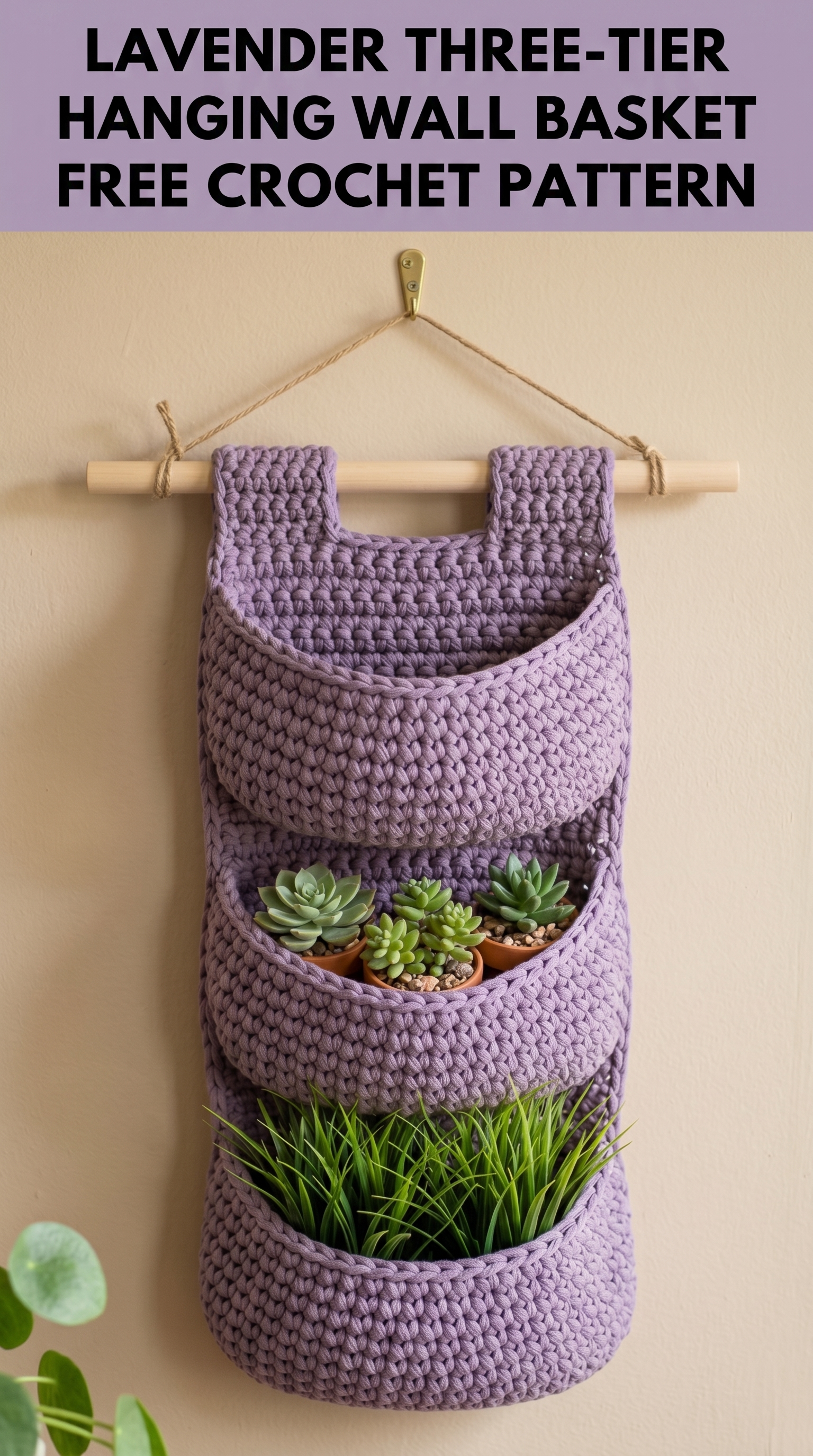 Lavender Three-Tier Hanging Wall Basket Free Crochet Pattern