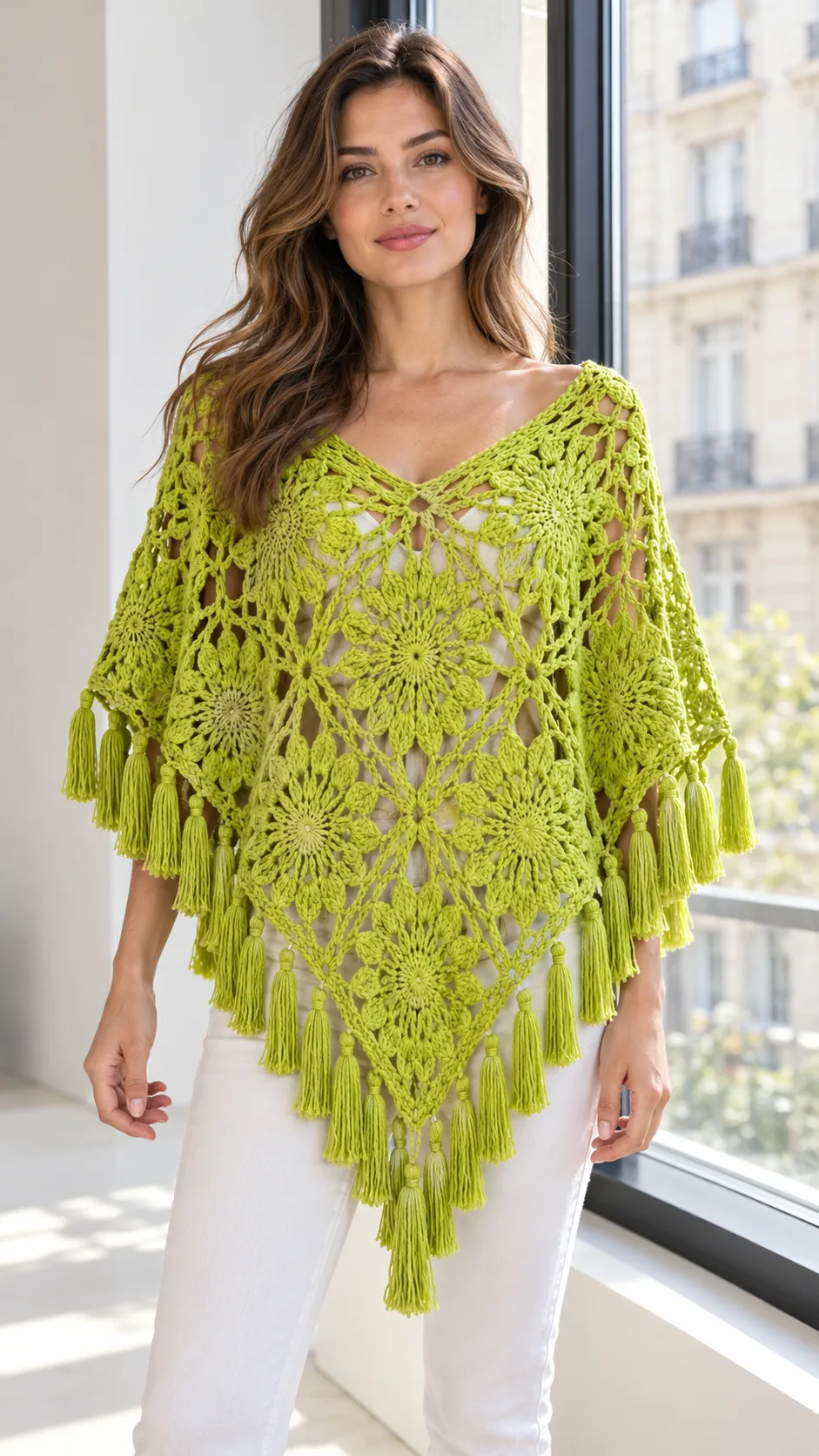 Lime Floral Fringe Poncho Crochet Pattern