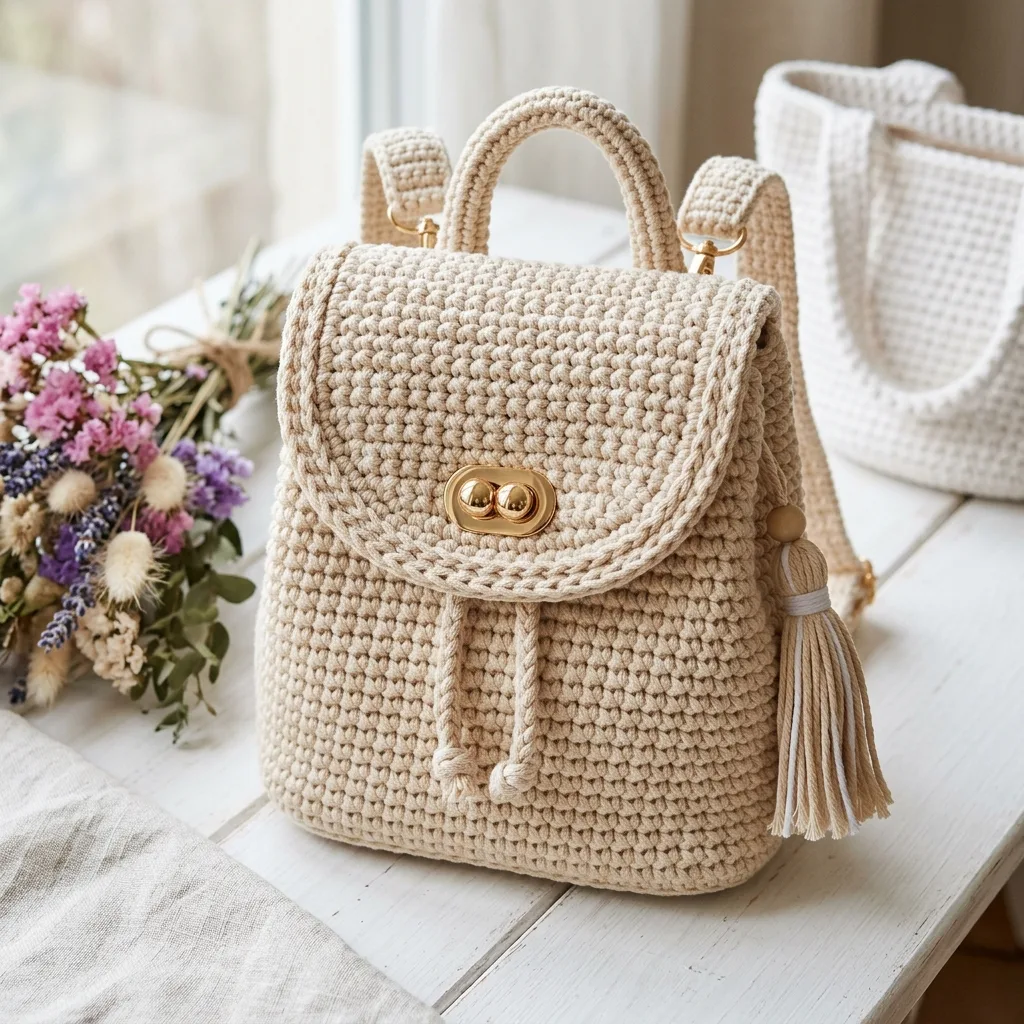 Minimalist Beige Drawstring Backpack Crochet Pattern