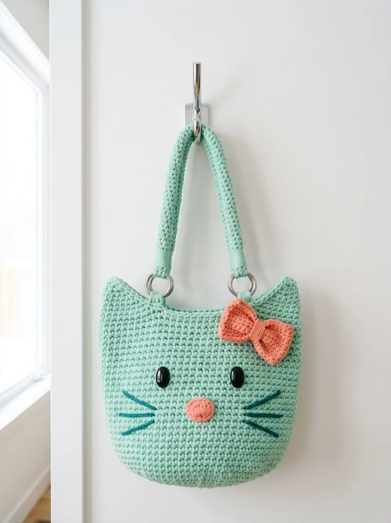 Mint Green Kitty Tote Bag Free Crochet Pattern