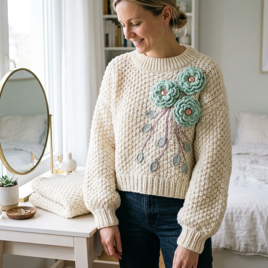 Mint Peony Sweater on Bedroom Vanity Crochet Pattern