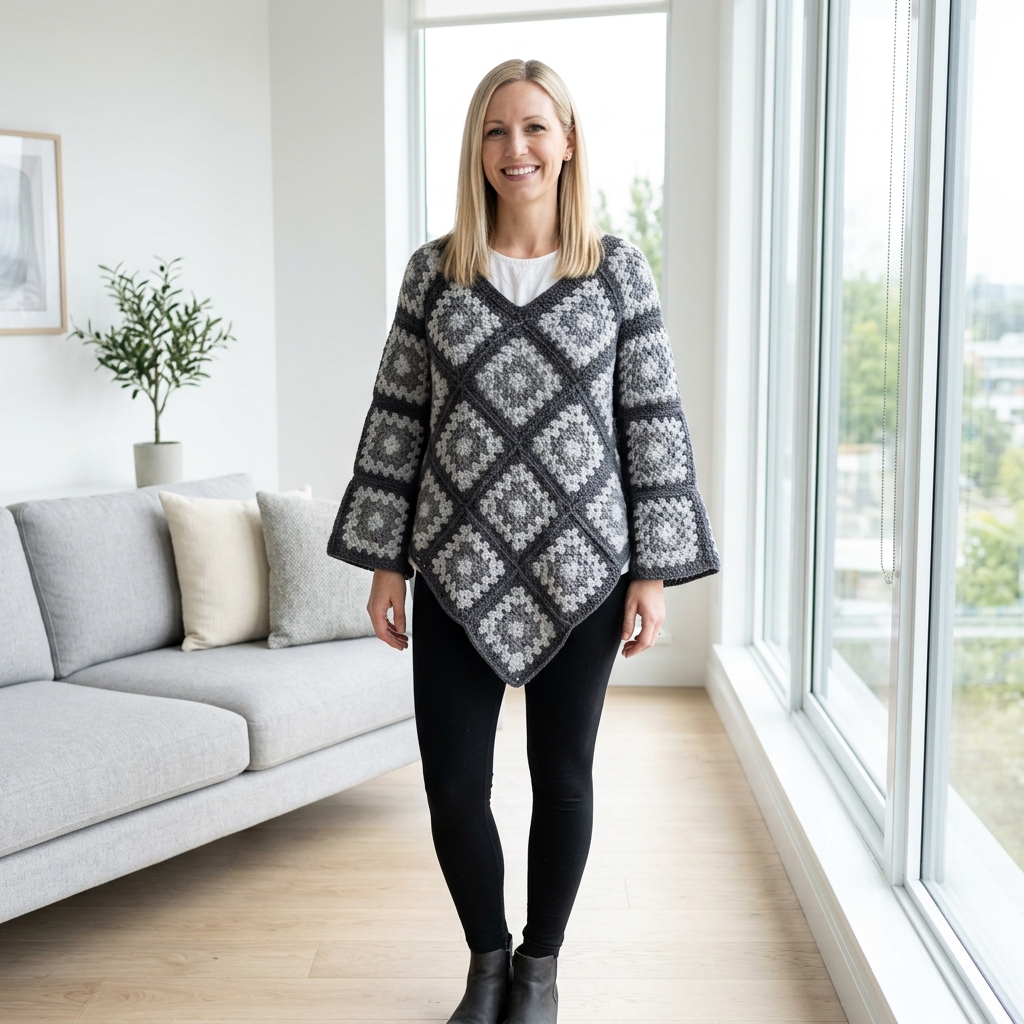 Monochrome Gray Granny Square Poncho Crochet Pattern