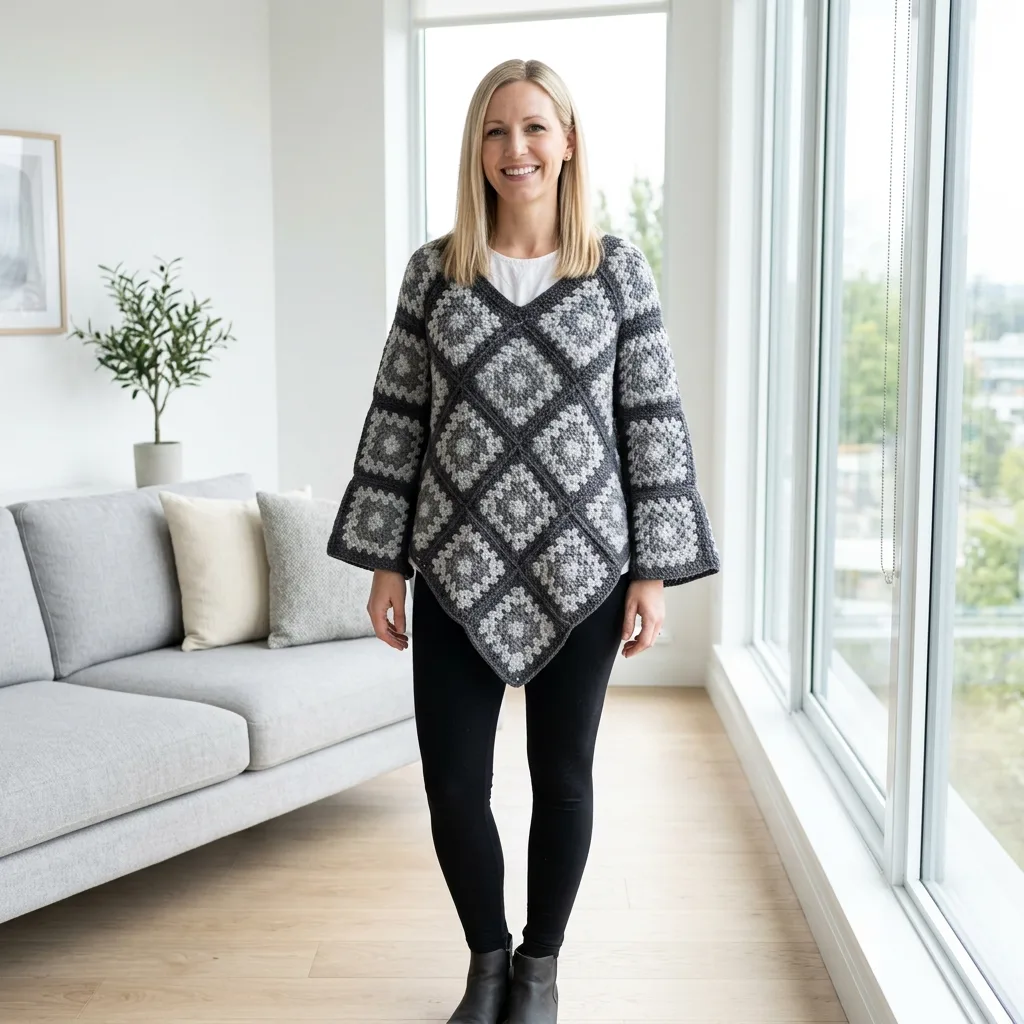 Monochrome Gray Granny Square Poncho Crochet Pattern
