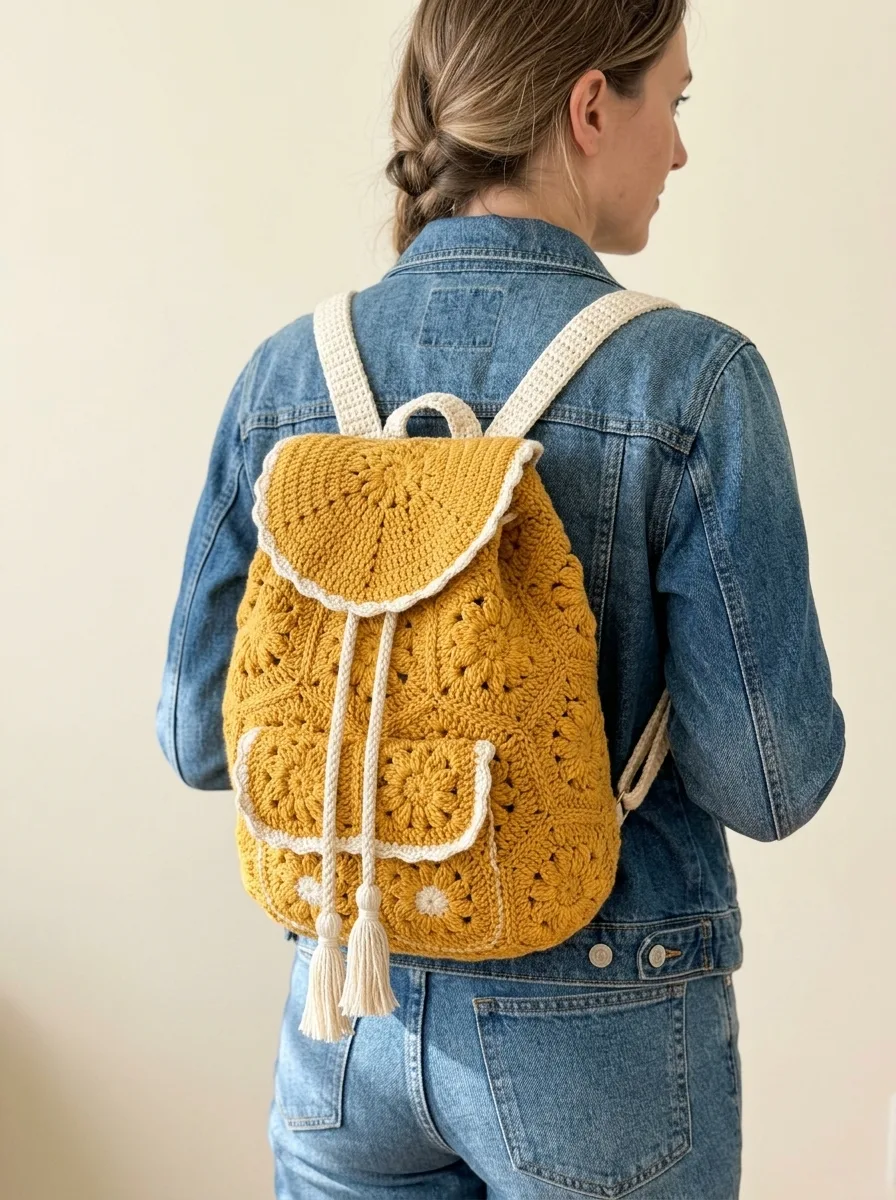 Mustard Yellow Boho Granny Backpack Free Crochet Pattern