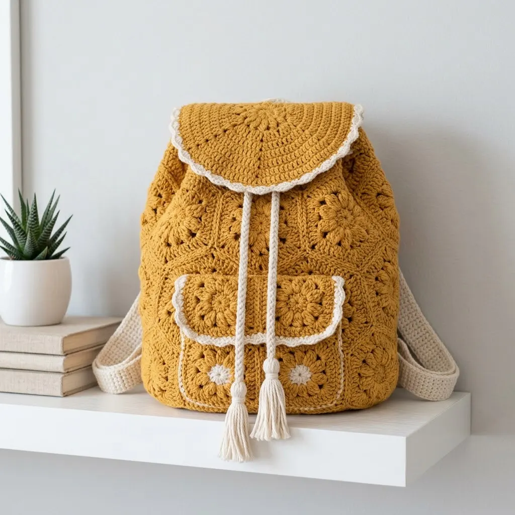 Mustard Yellow Boho Granny Backpack Free Crochet Pattern