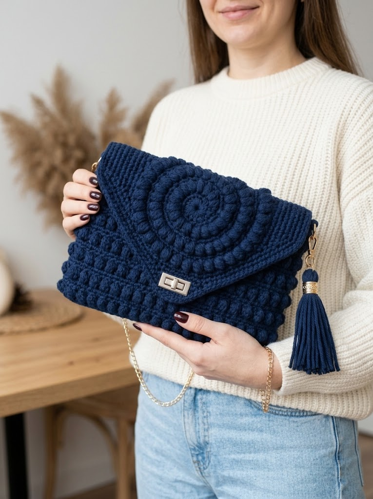 Navy Blue Spiral Clutch Bag Free Crochet Pattern