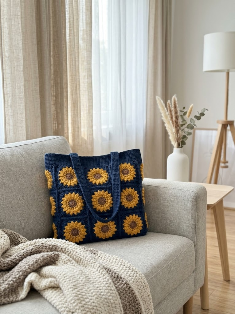 Navy Blue Sunflower Granny Square Bag Free Crochet Pattern