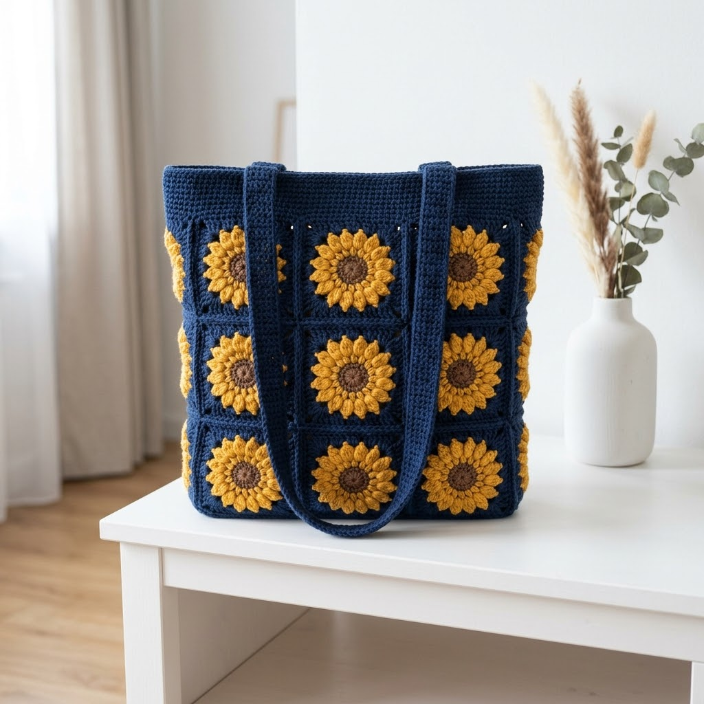 Navy Blue Sunflower Granny Square Bag Free Crochet Pattern