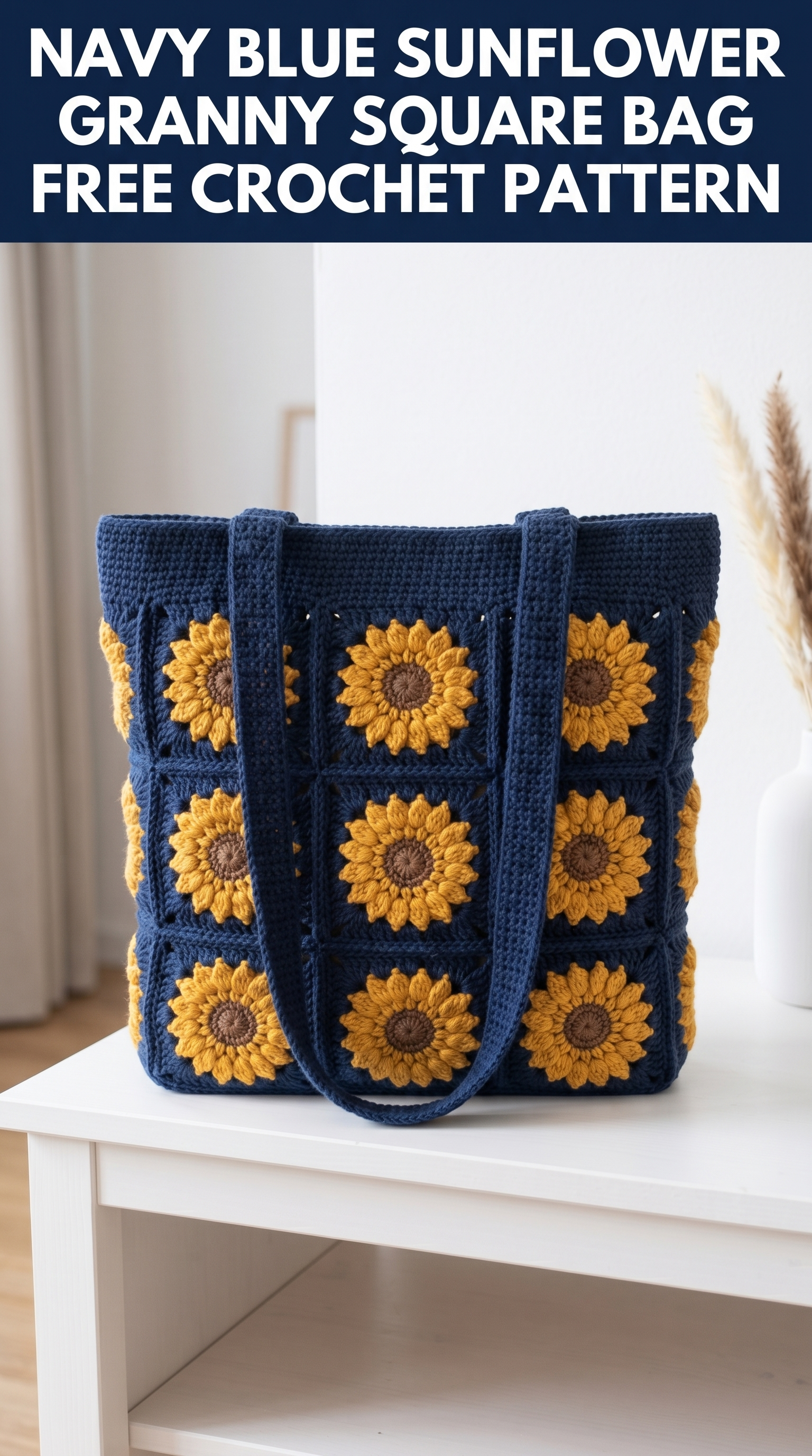 Navy Blue Sunflower Granny Square Bag Free Crochet Pattern