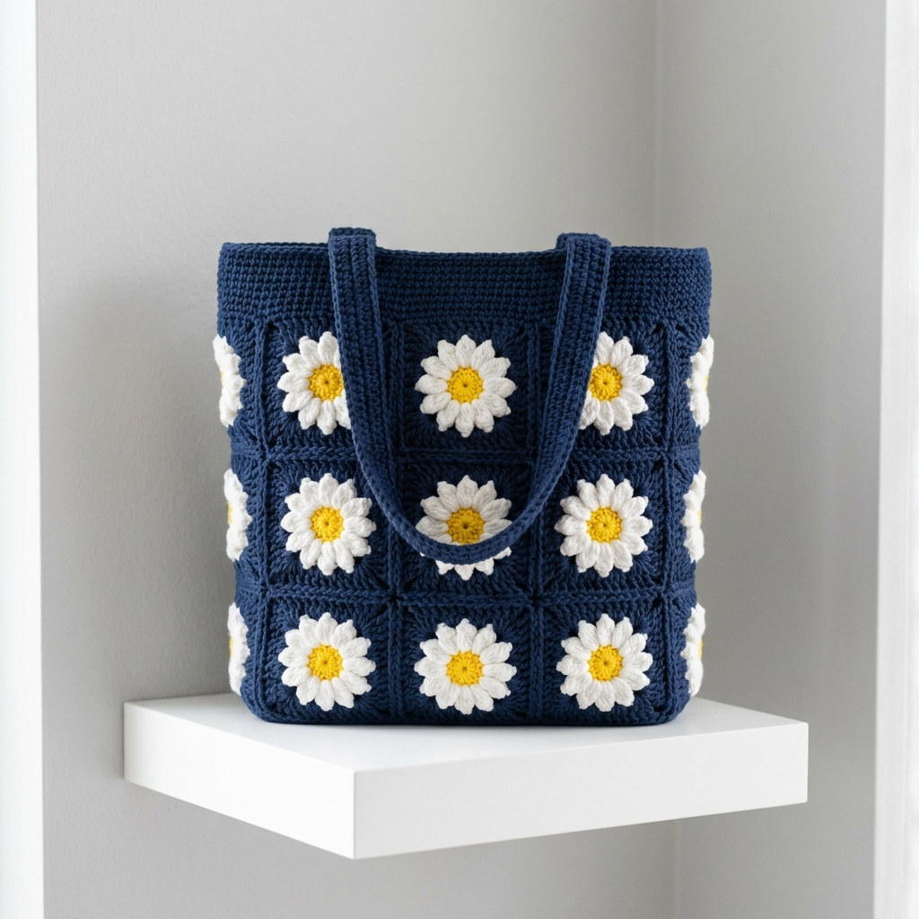 Navy Daisy Granny Square Tote Free Crochet Pattern