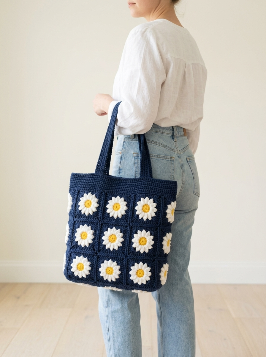 Navy Daisy Granny Square Tote Free Crochet Pattern