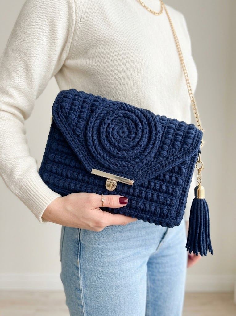 Navy Spiral Clutch with Tassel Free Crochet Pattern