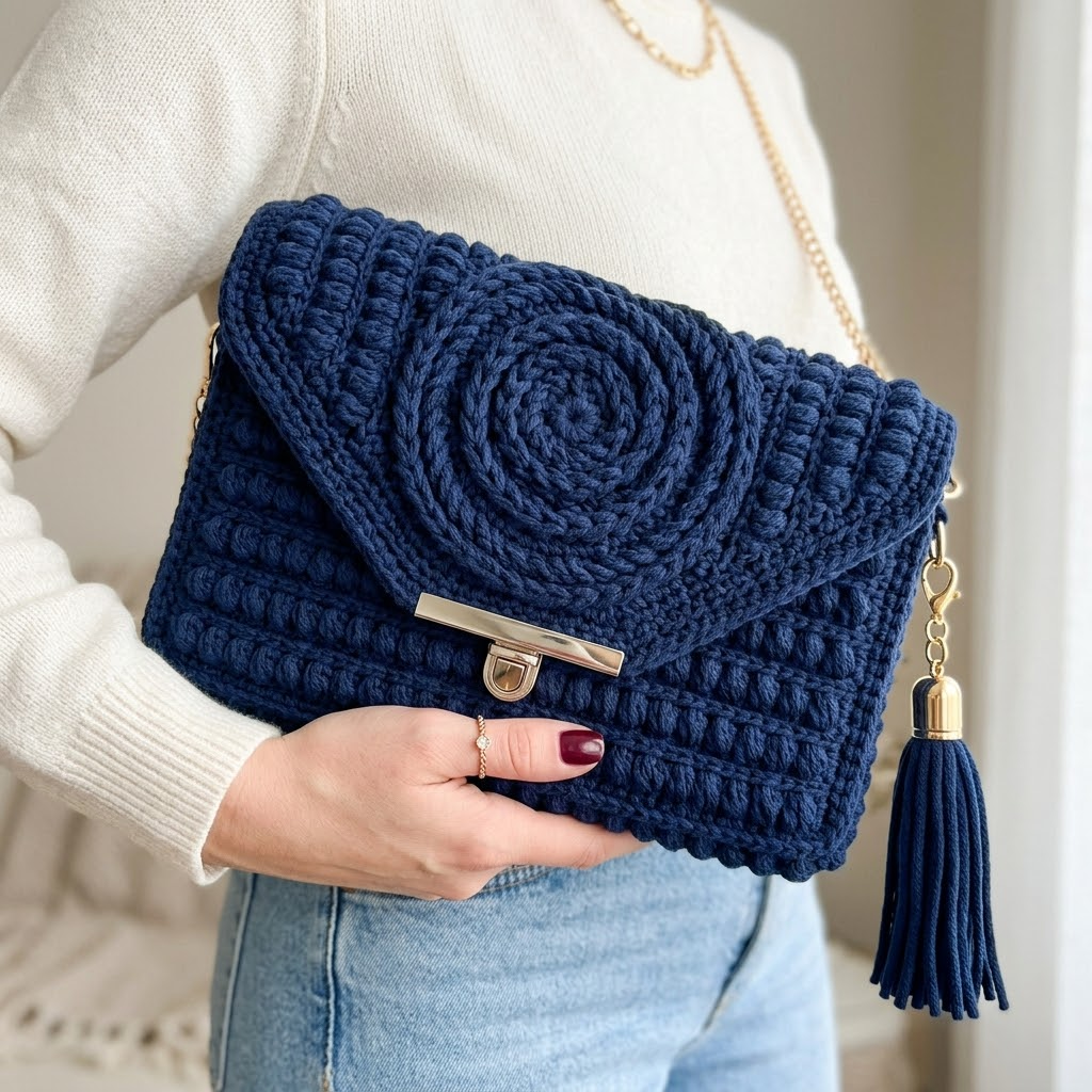 Navy Spiral Clutch with Tassel Free Crochet Pattern