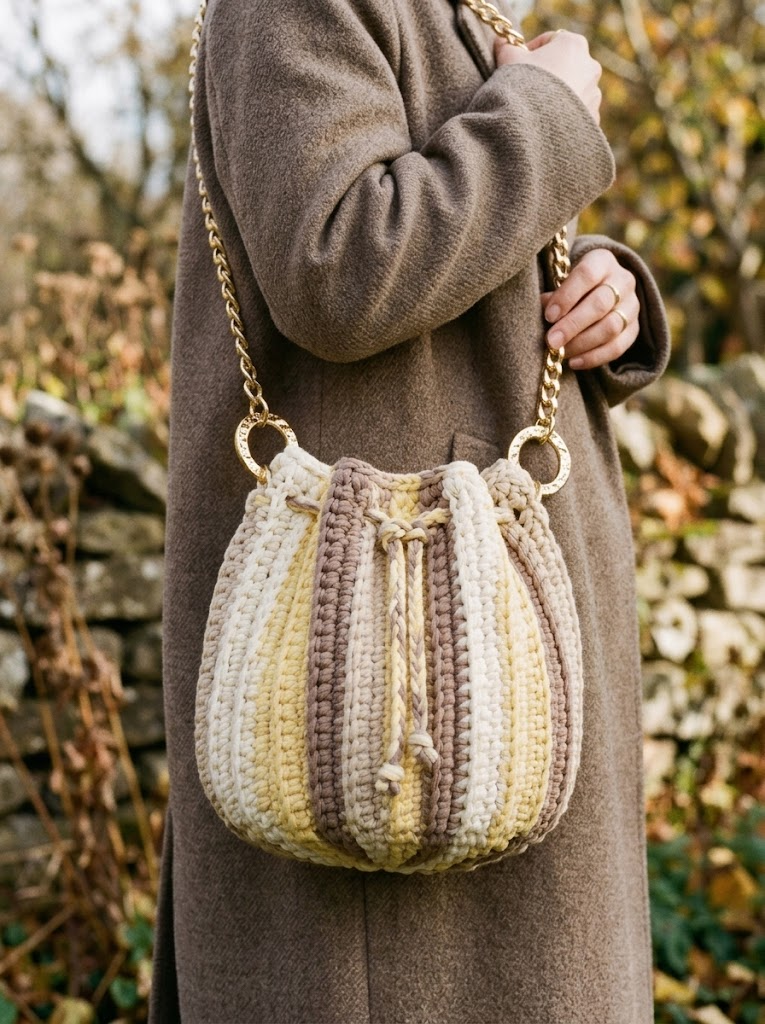 Neutral Striped Drawstring Bucket Bag Free Crochet Pattern