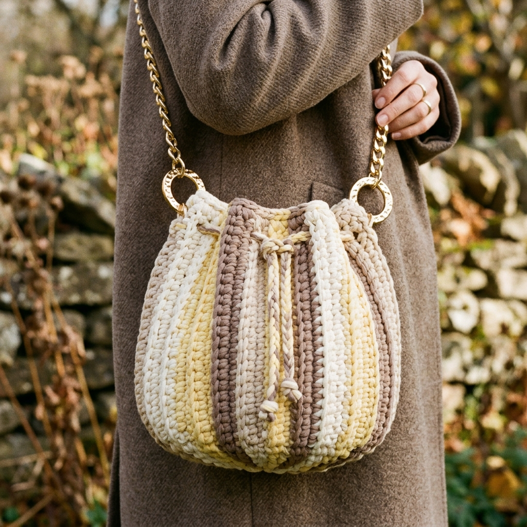 Neutral Striped Drawstring Bucket Bag Crochet Pattern (PDF Download)