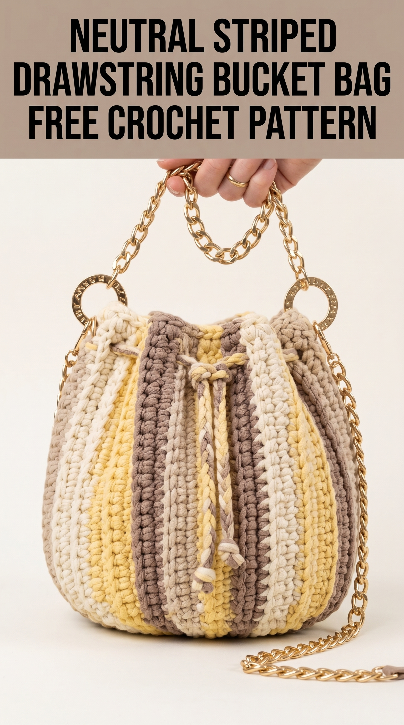 Neutral Striped Drawstring Bucket Bag Free Crochet Pattern