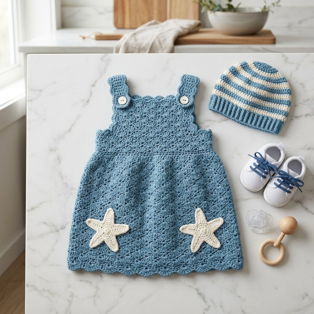 Ocean Blue Starfish Baby Dress Free Crochet Pattern