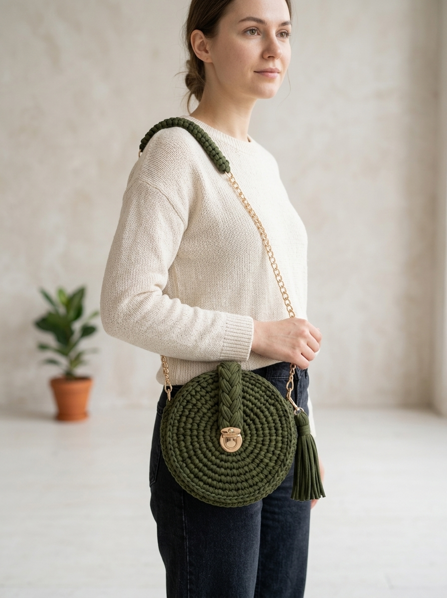 Olive Round Crossbody Bag with Tassel Free Crochet Pattern