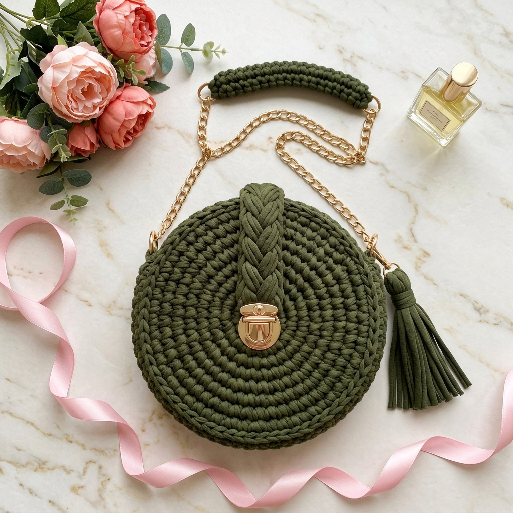 Olive Round Crossbody Bag with Tassel Free Crochet Pattern