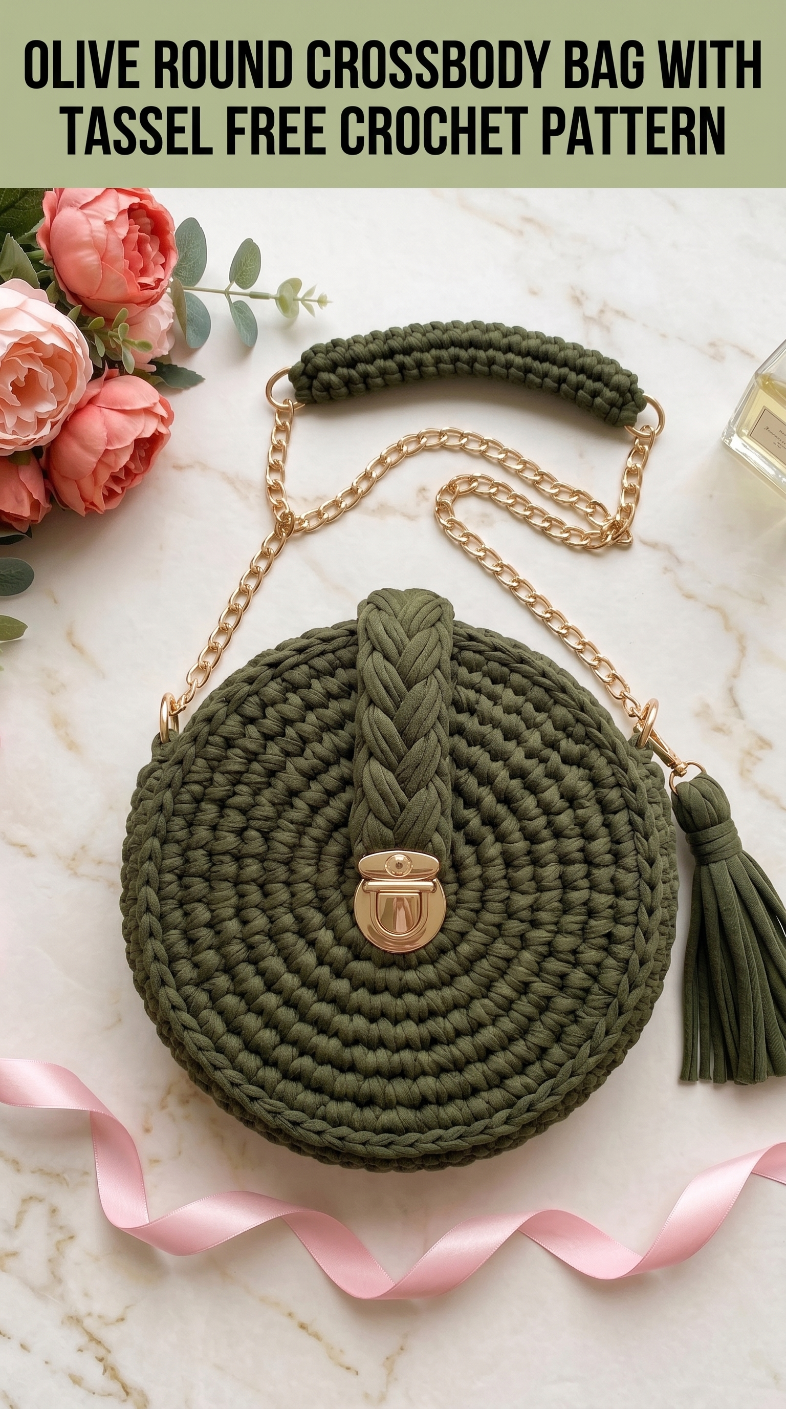 Olive Round Crossbody Bag with Tassel Free Crochet Pattern