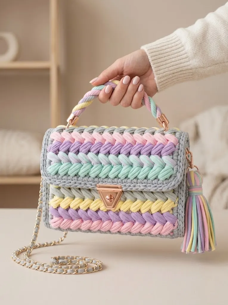 Pastel Rainbow Braided Clutch Bag Free Crochet Pattern