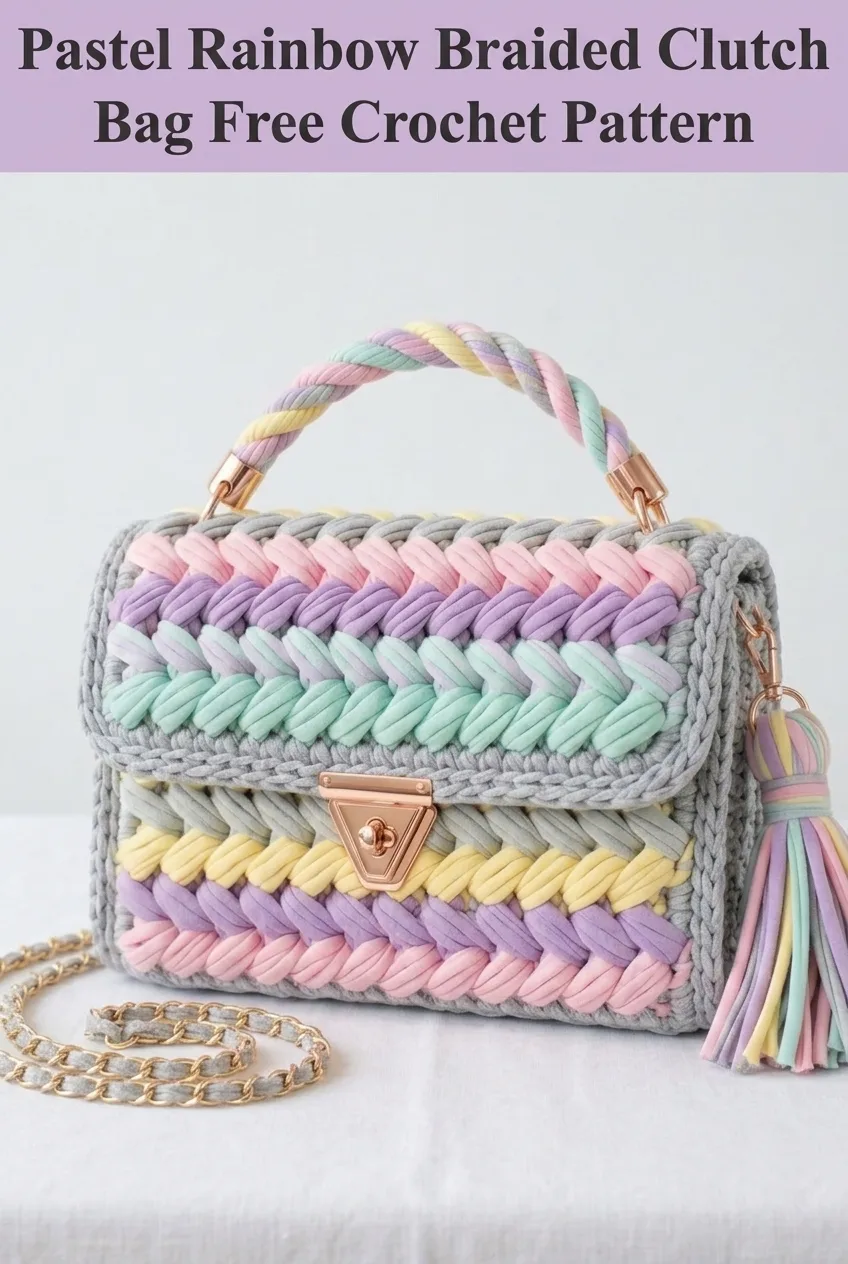 Pastel Rainbow Braided Clutch Bag Free Crochet Pattern