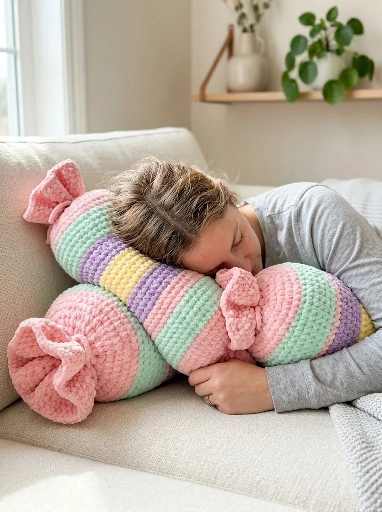 Pastel Rainbow Candy Bolster Pillow Free Crochet Pattern