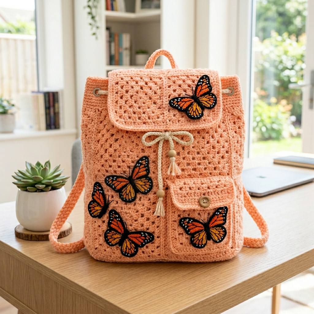 Peach Butterfly Garden Backpack Crochet Pattern