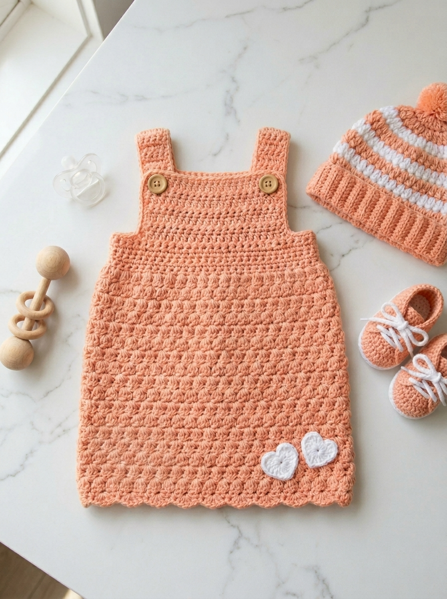 Peach Heart Baby Dress Set Free Crochet Pattern