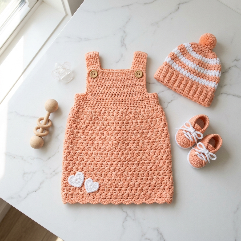 Peach Heart Baby Dress Set Free Crochet Pattern