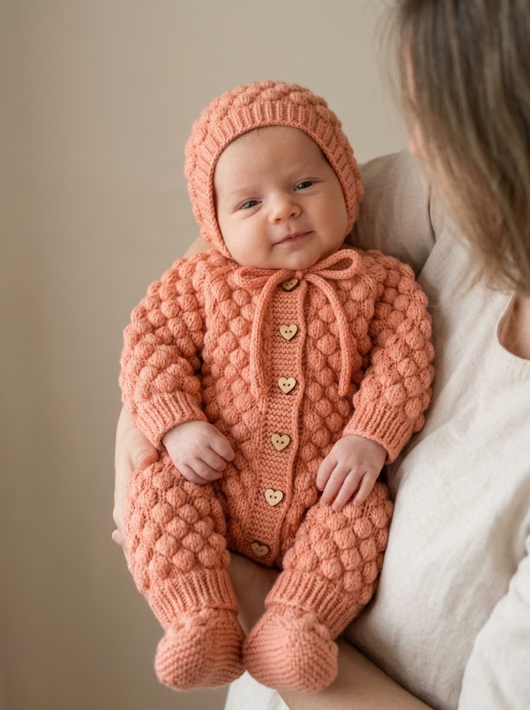 Peach Puff Stitch Baby Romper Set Free Crochet Pattern