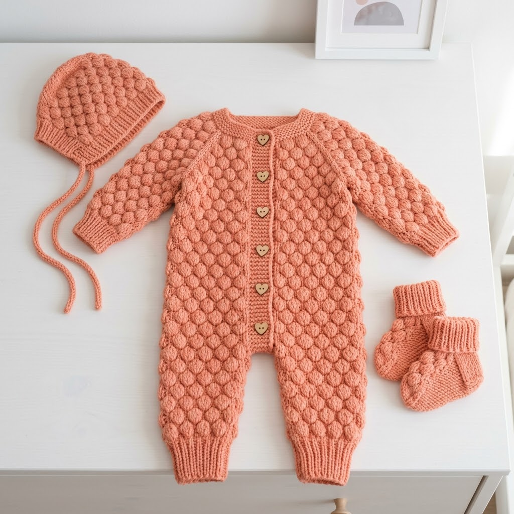 Peach Puff Stitch Baby Romper Set Free Crochet Pattern