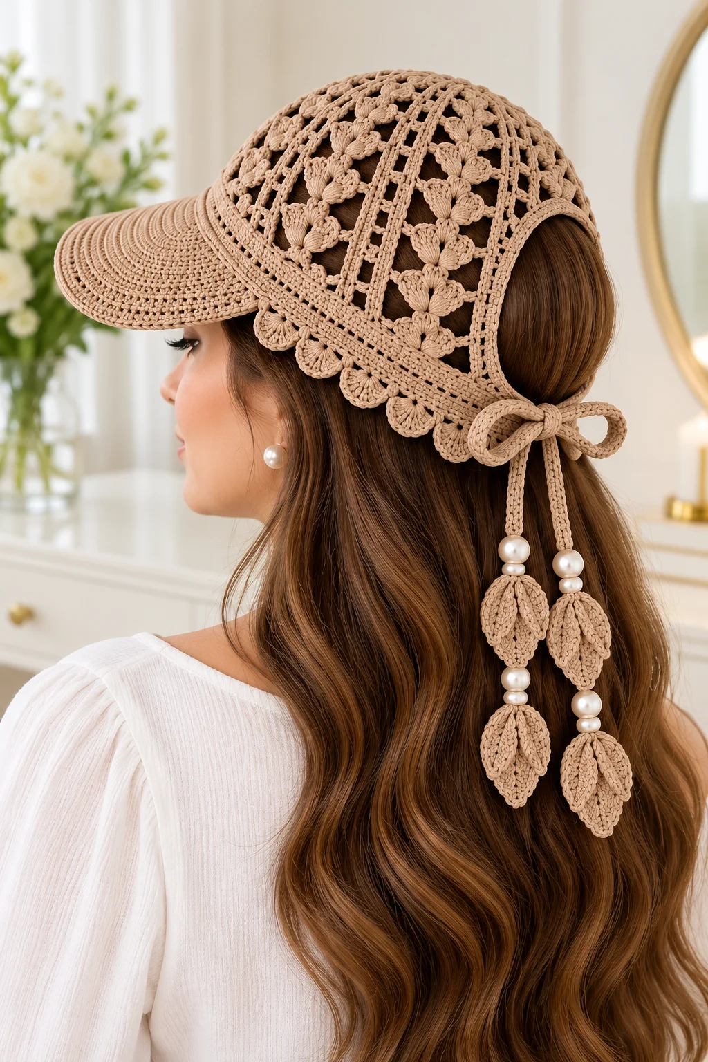 Pearl Leaf Ponytail Cap Crochet Pattern