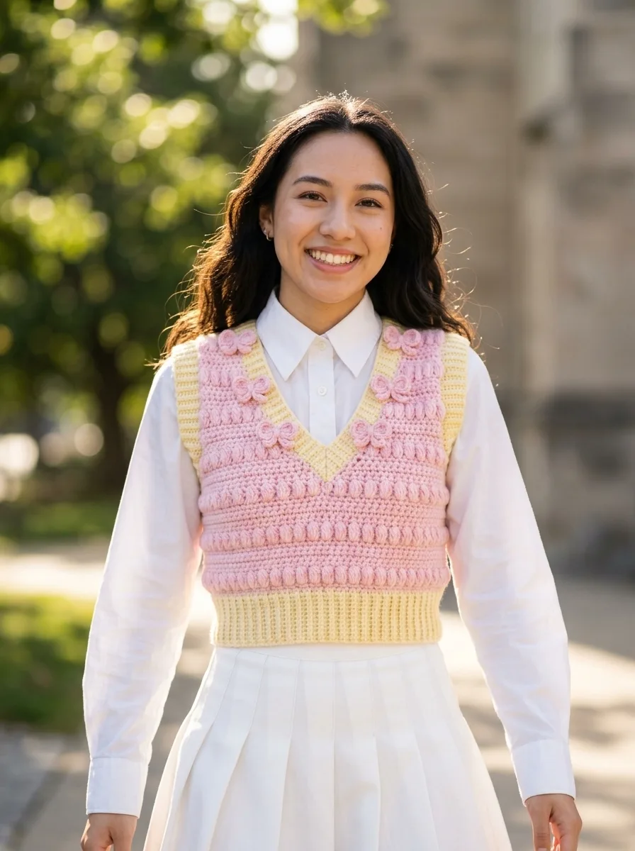 Pink Bow Sweetheart Crochet Vest Free Crochet Pattern