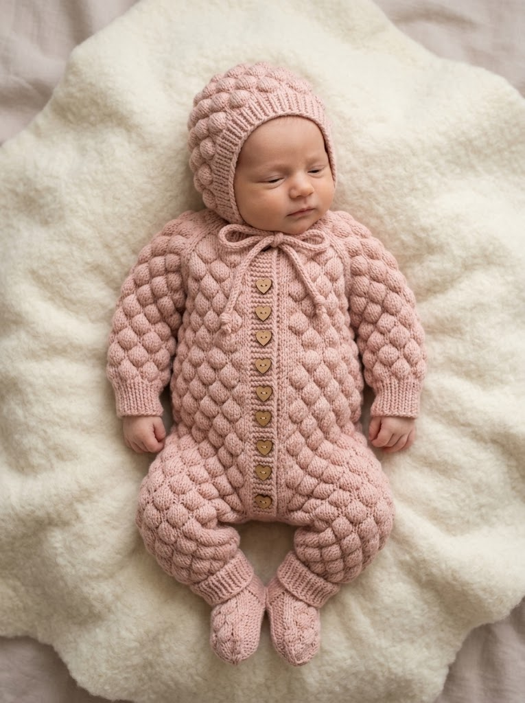 Pink Bubble Stitch Baby Romper Set Free Crochet Pattern