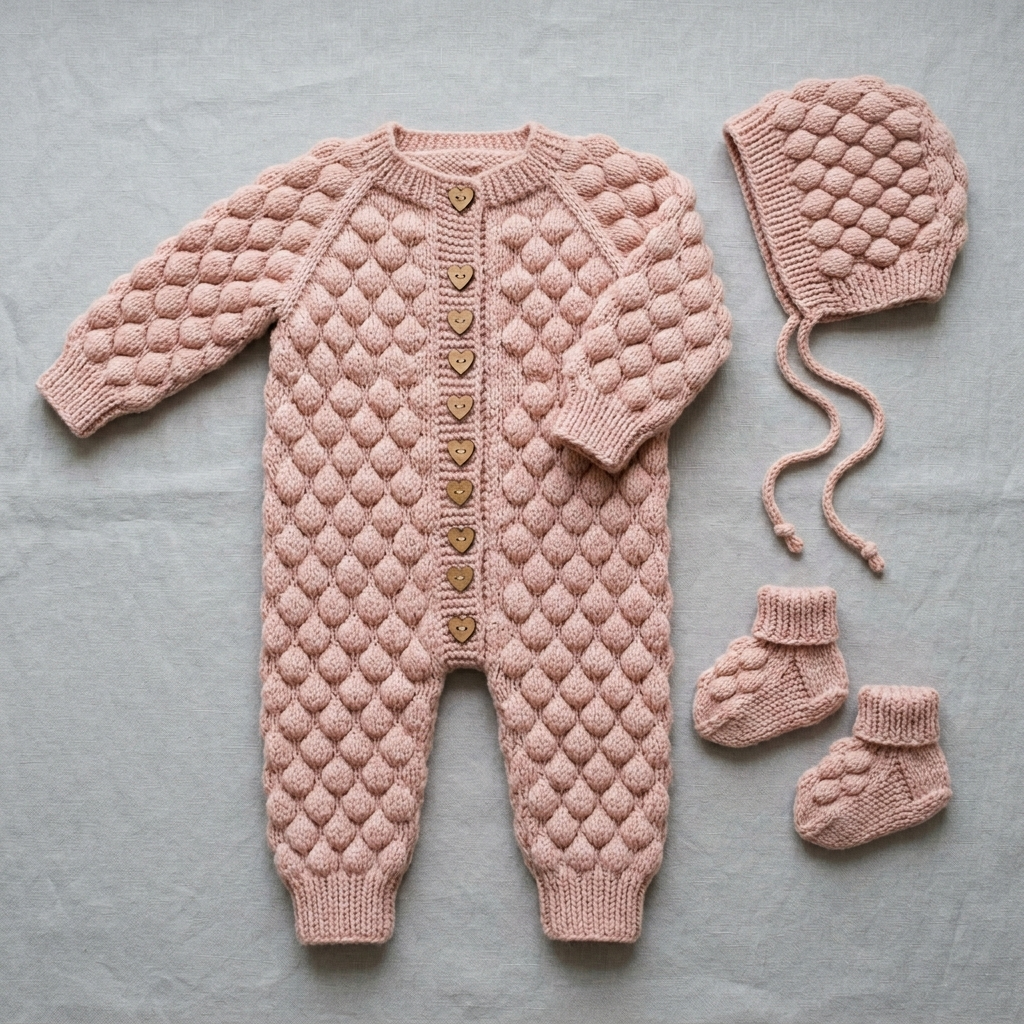 Pink Bubble Stitch Baby Romper Set Crochet Pattern (PDF Download)
