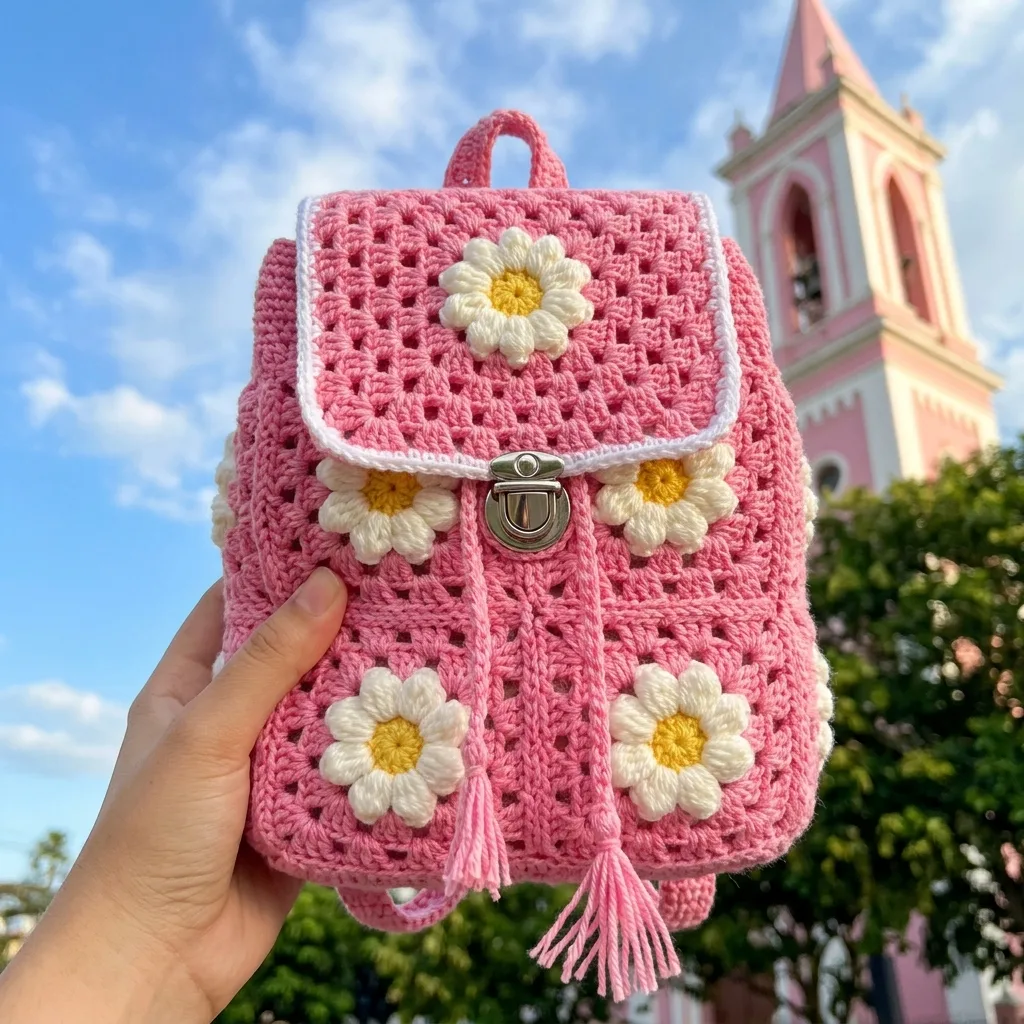Pink Daisy Granny Square Crochet Backpack