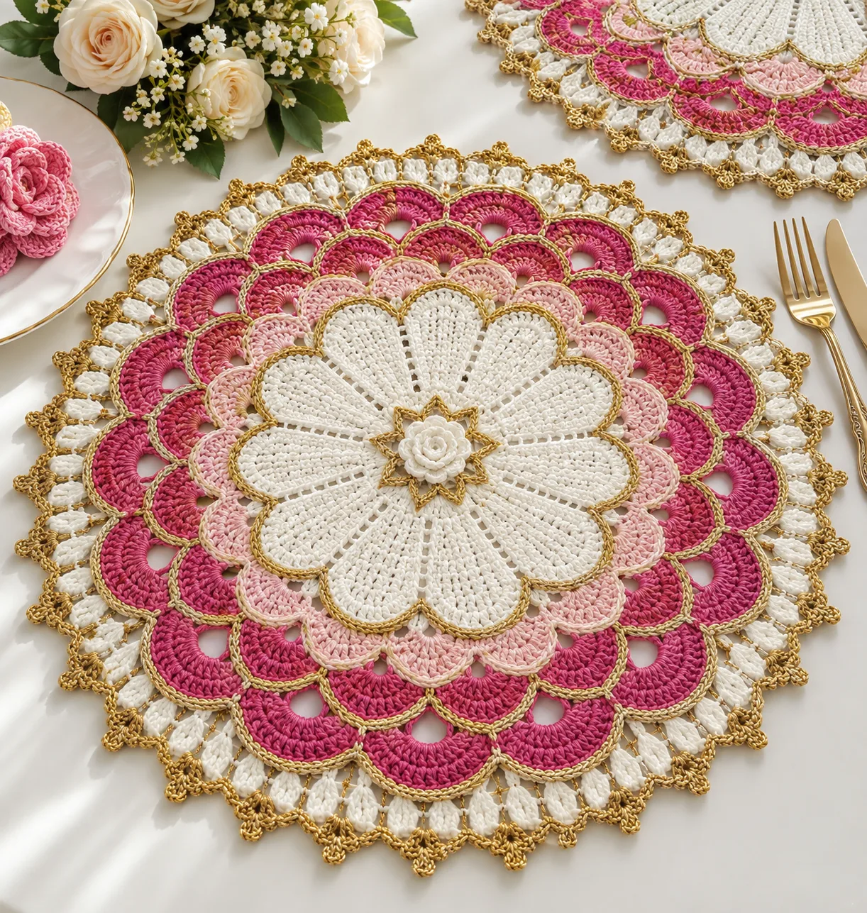 Pink Gold Floral Placemat Crochet Pattern