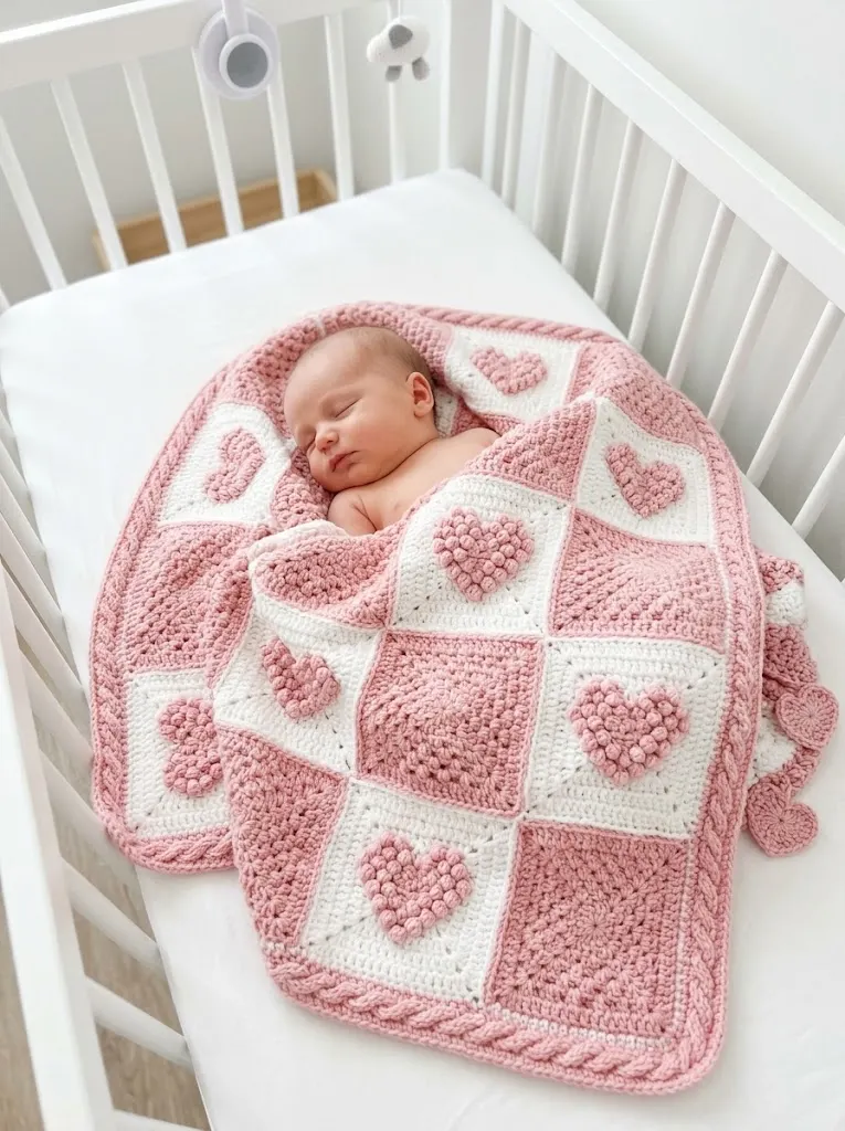 Pink Heart Granny Square Baby Blanket Free Crochet Pattern