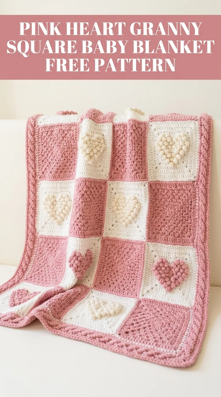 Pink Heart Granny Square Baby Blanket Free Crochet Pattern