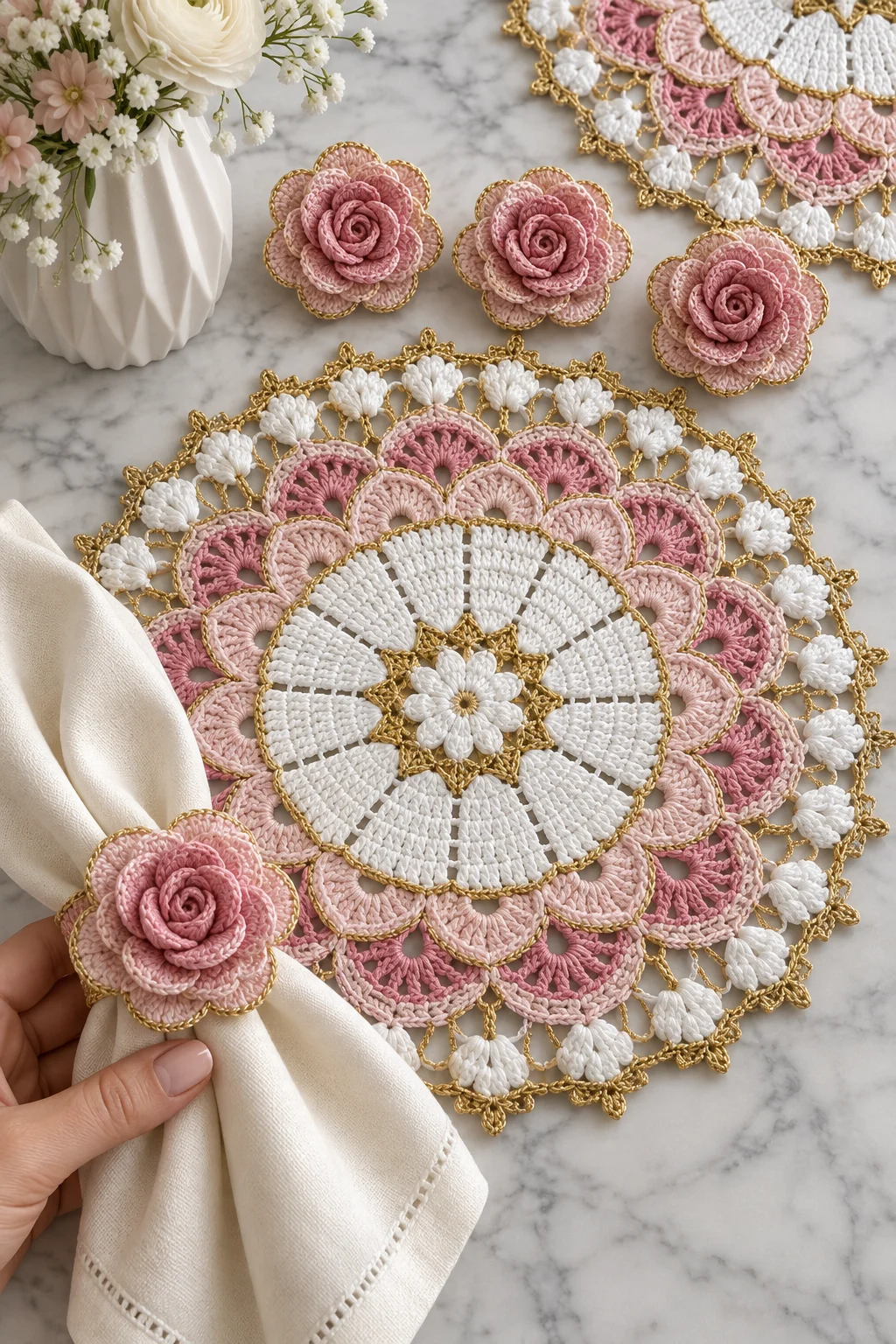 Pink Rose Table Set Crochet Pattern