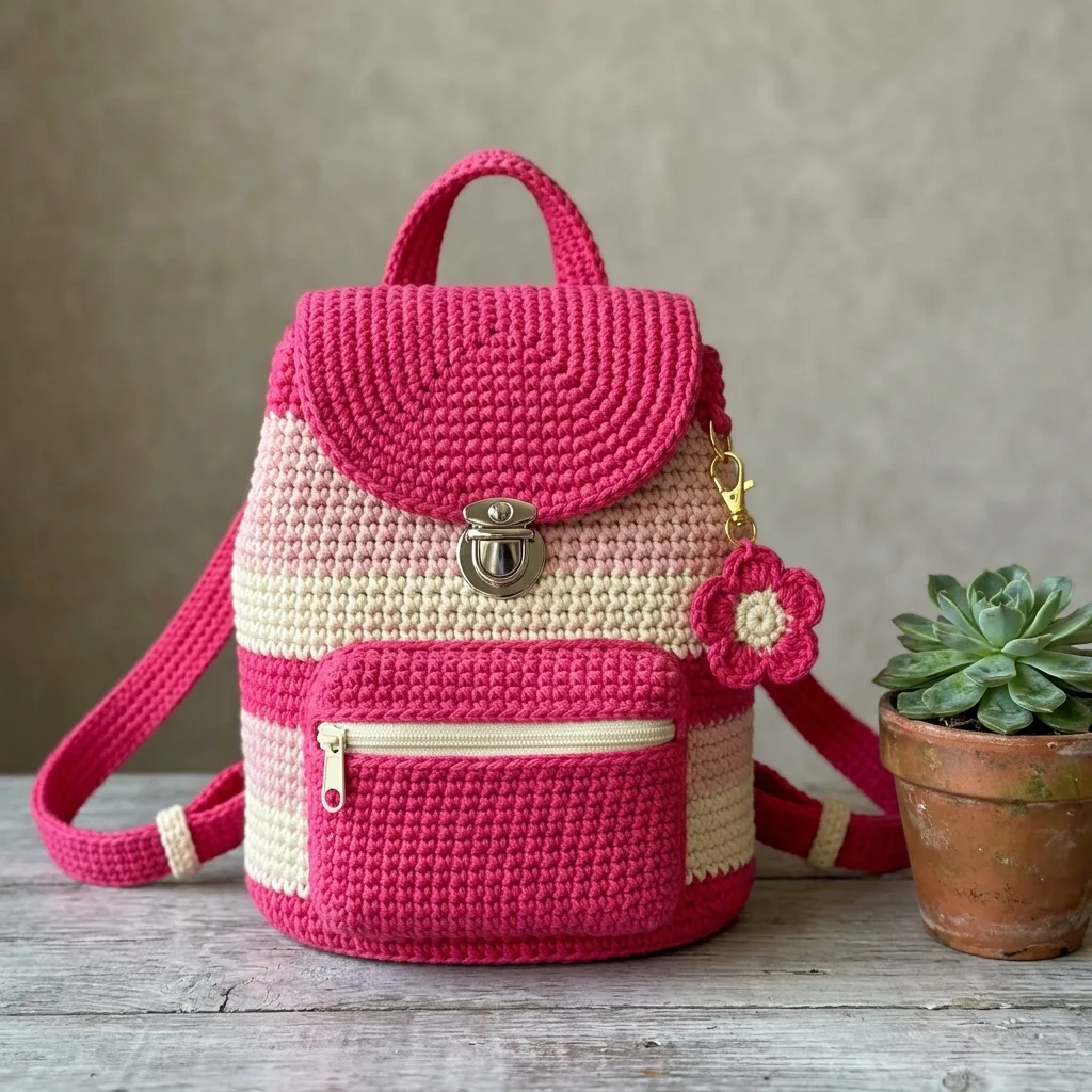 Pink Striped Crochet Backpack