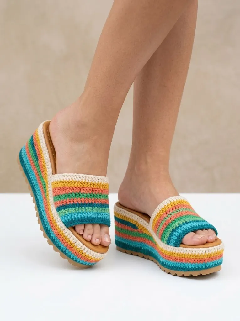 Rainbow Striped Crochet Platform Wedge Sandals Pattern