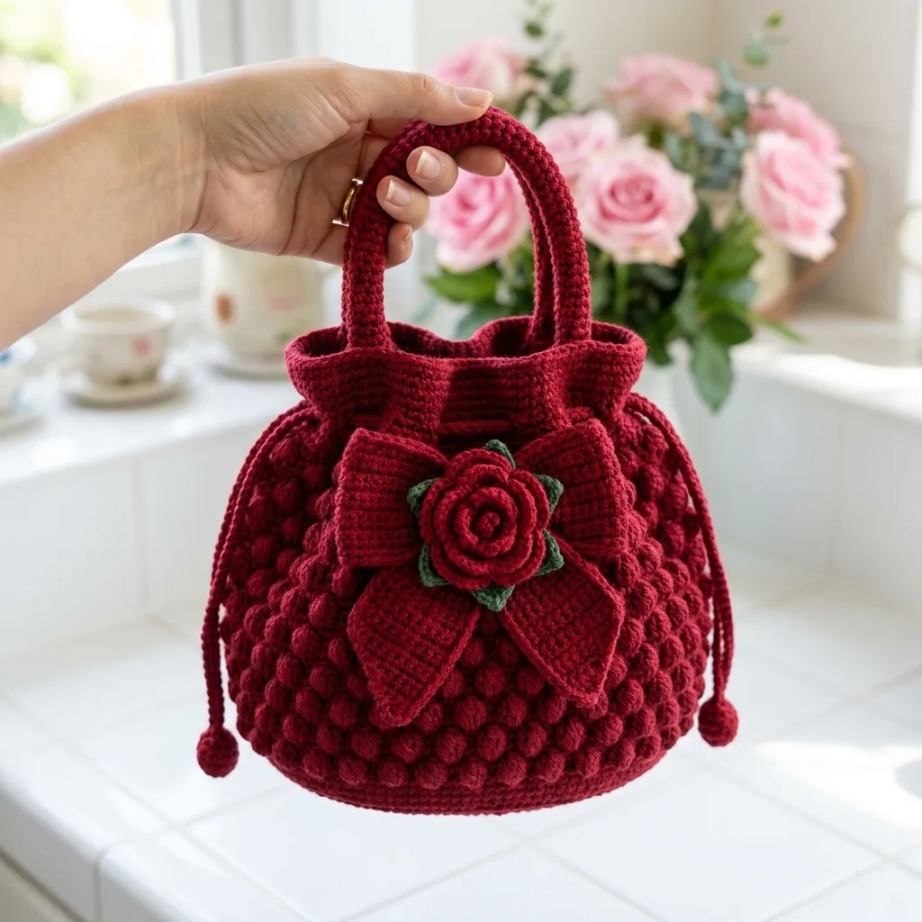 Red Rose Bow Handbag Crochet Pattern