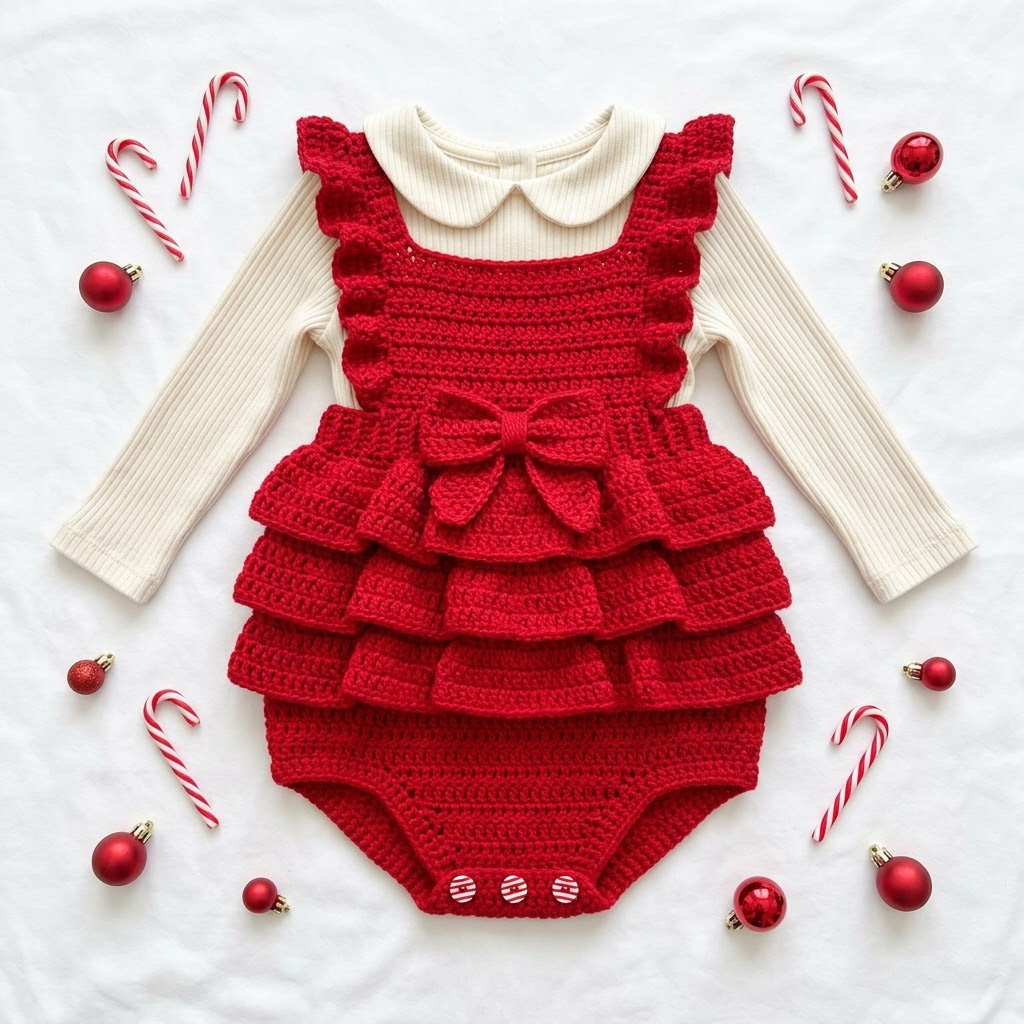 Red Ruffled Baby Romper with Bow Pattern