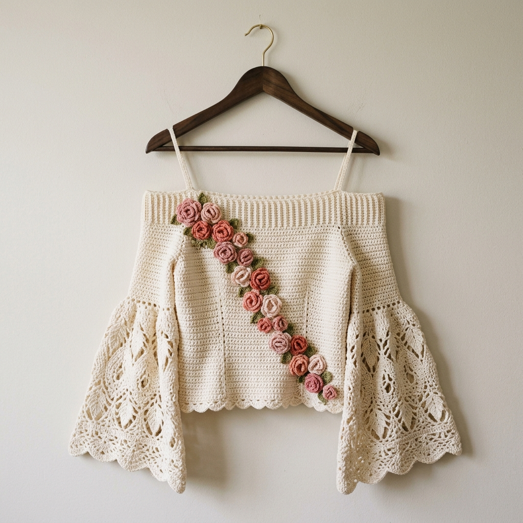 Romantic Rose Bell Sleeve Top Crochet Pattern (PDF Download)