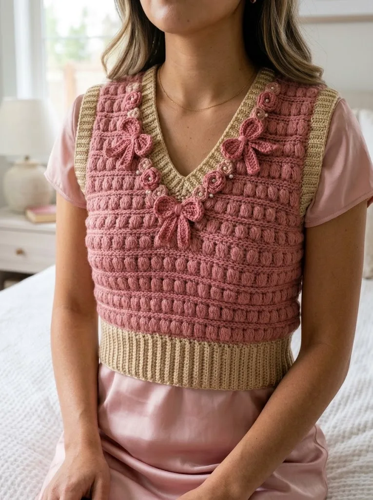Rose Romance Bow Crochet Vest Free Crochet Pattern