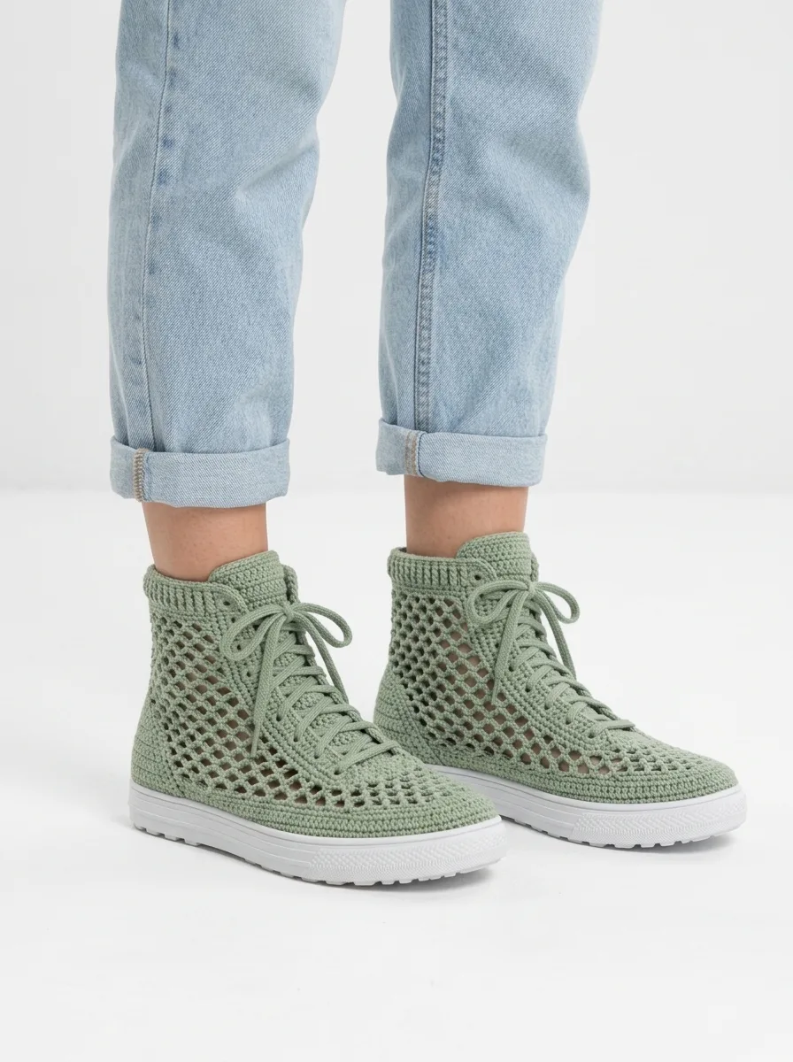 Sage Green Boho Crochet Sneaker Boots Free Pattern